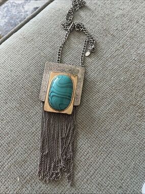Turquoise Oval Stone Tassel Necklace — Mixed Metal
